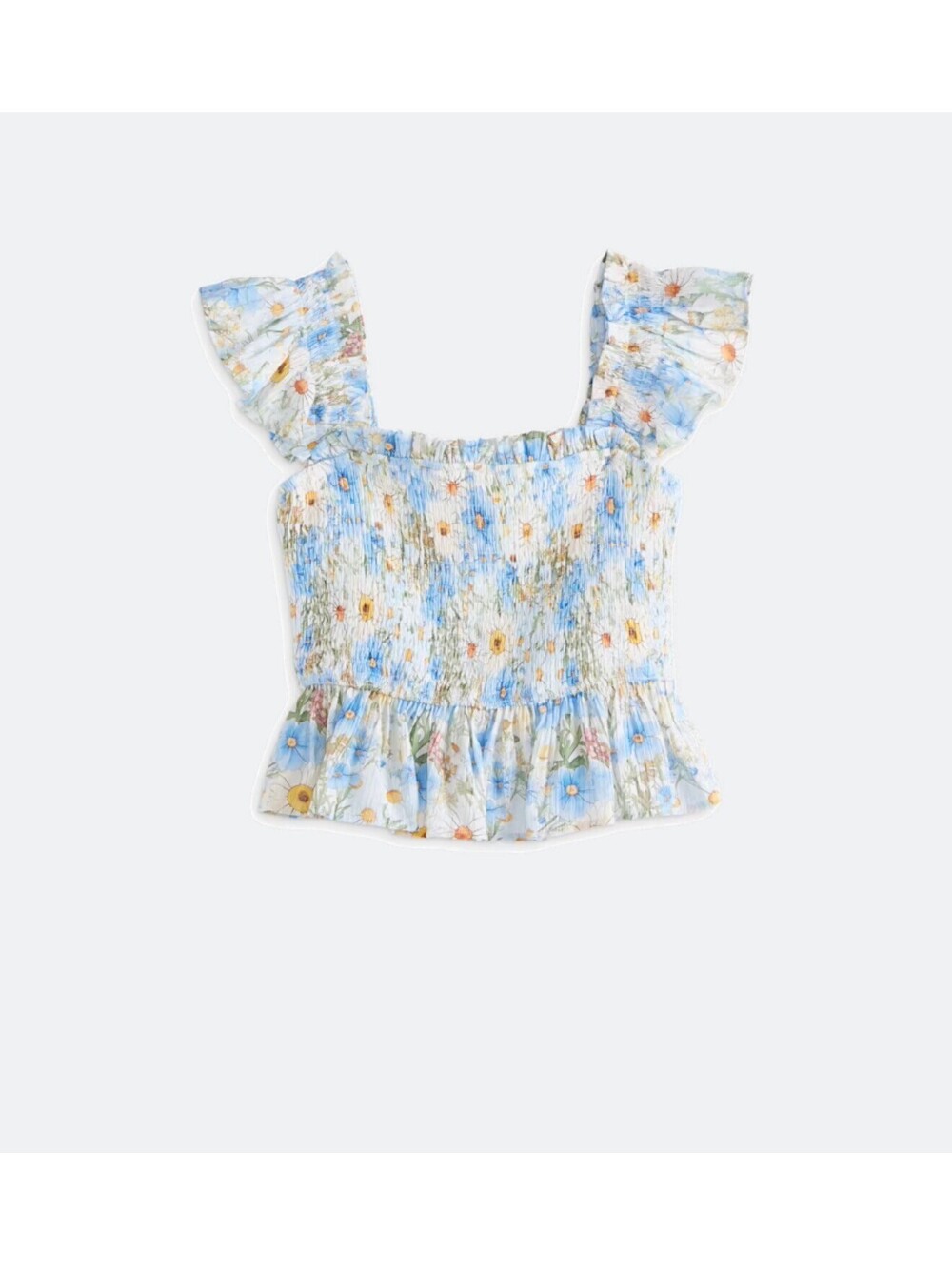 Essentielle by En Saison Floral Smocked Peplum Ruffle Top Women’s M Blue White